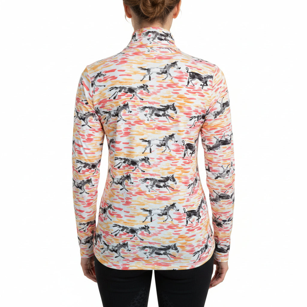 IBKUL Long Sleeve Mock Neck Top - Pink/Orange Equestrian - Small - Skorzie