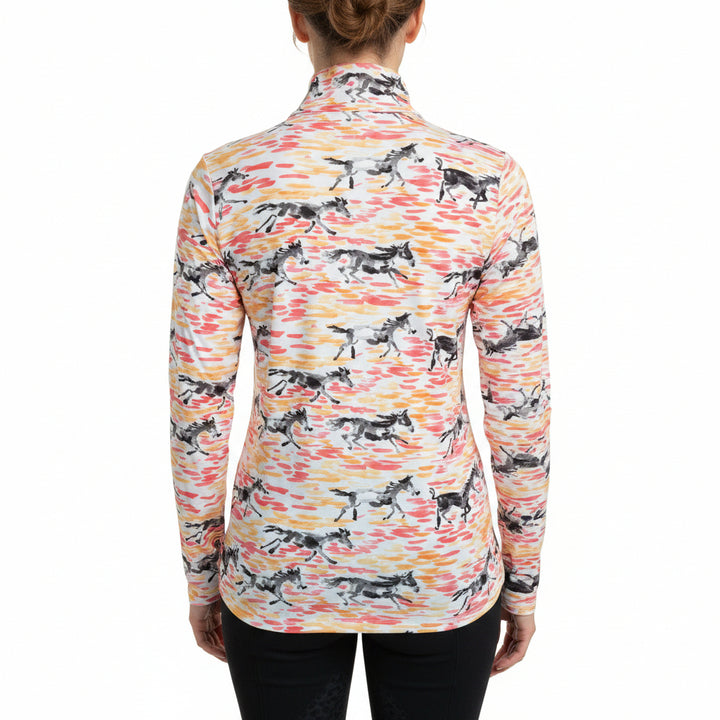 IBKUL Long Sleeve Mock Neck Top - Pink/Orange Equestrian - Small - Skorzie