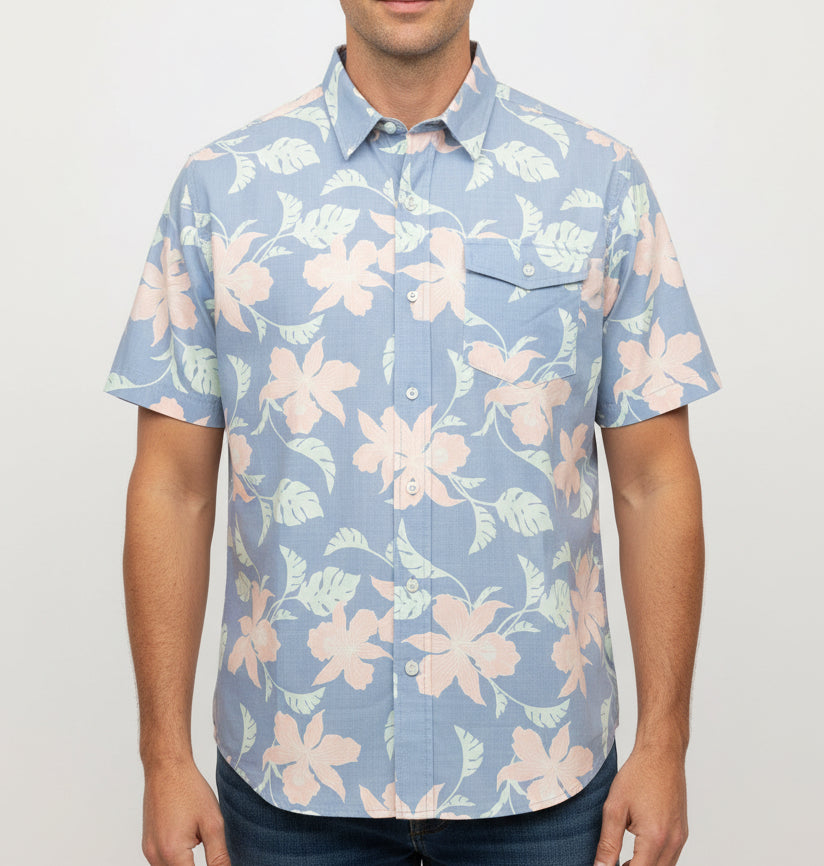 Straight Down Men's Shirt Monstera Orchid Woven Blue Shade Size L
