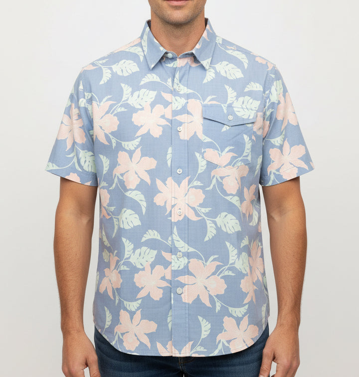 Straight Down Men's Shirt Monstera Orchid Woven Blue Shade Size L