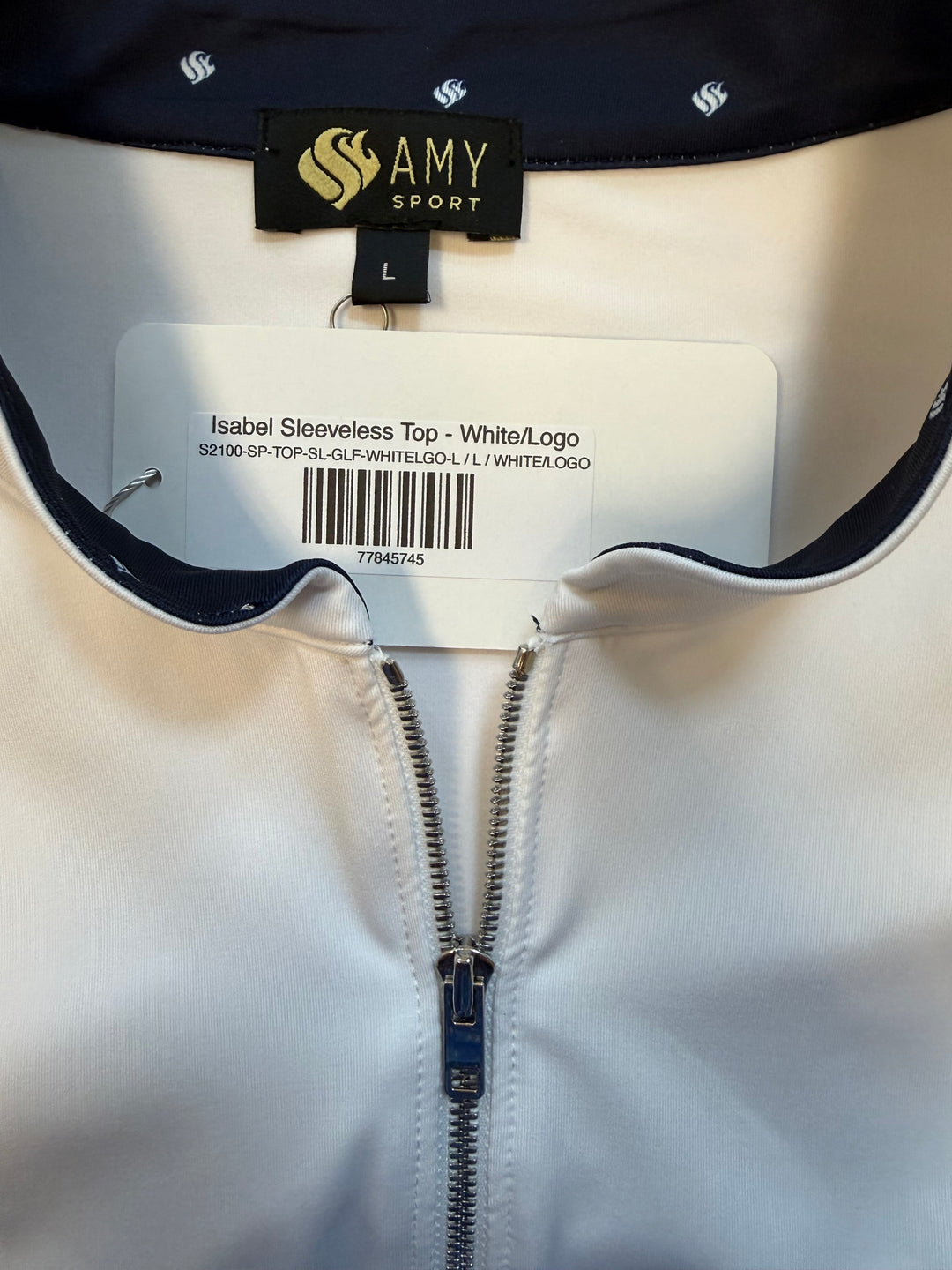 Amy Sport Isabel Sleeveless Top - White w/ Navy Collar Accent