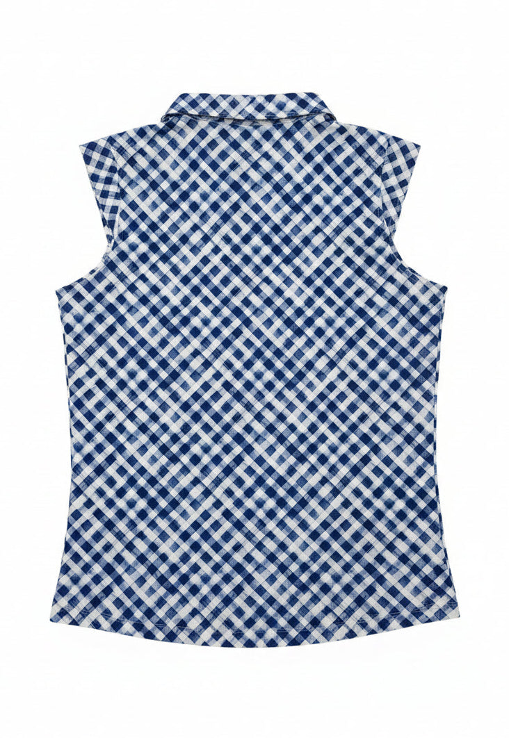 IBKUL Women's Gingham Sleeveless Zip Polo - Navy/White