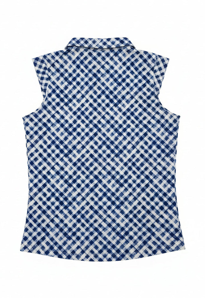 IBKUL Women's Gingham Sleeveless Zip Polo - Navy/White