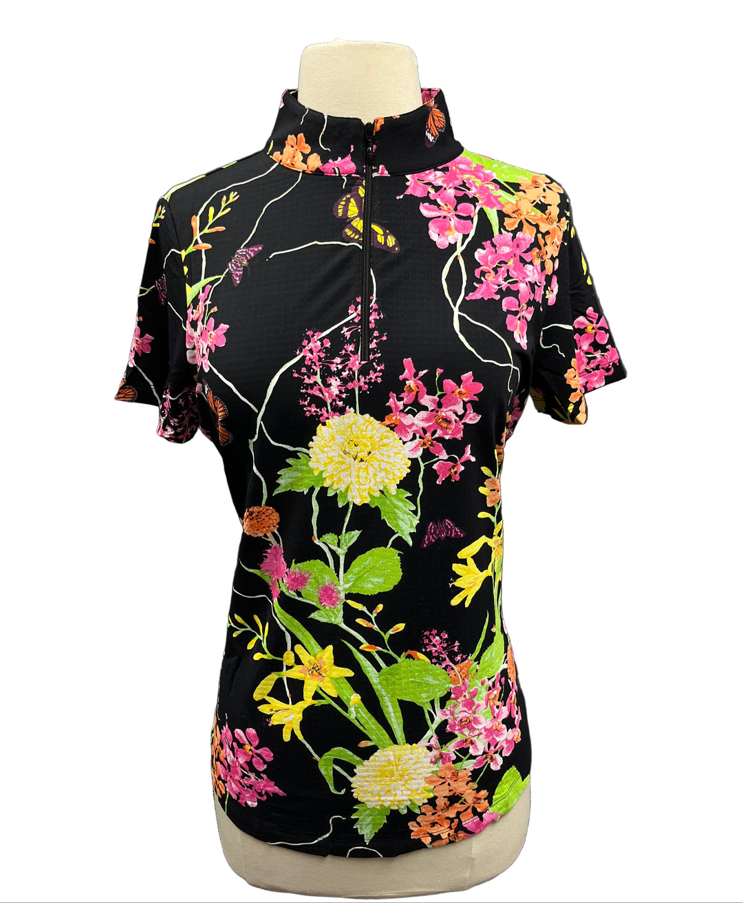 IBKUL Floral Short Sleeve Mock Neck Top - Black - Small - Skorzie
