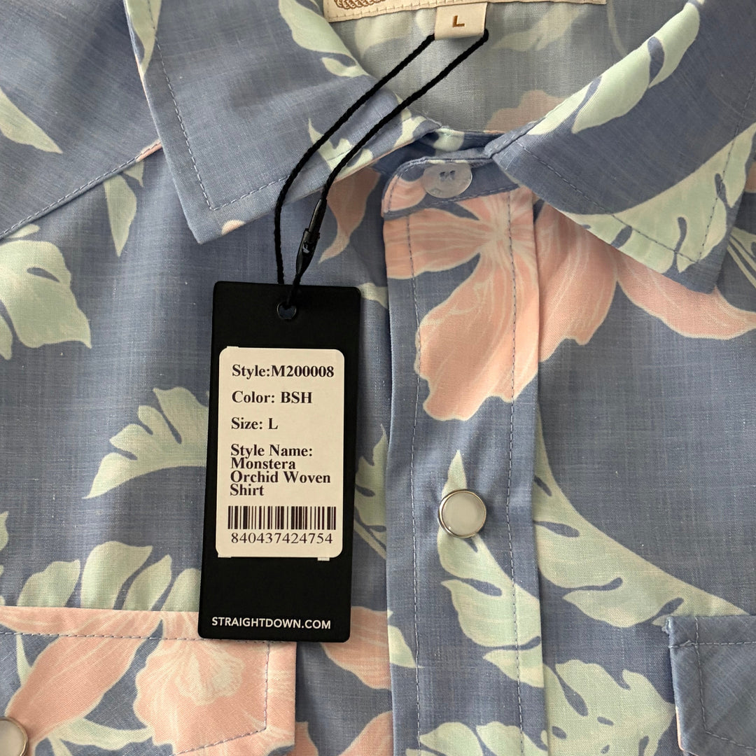 Straight Down Men's Shirt Monstera Orchid Woven Blue Shade Size L
