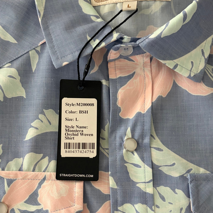 Straight Down Men's Shirt Monstera Orchid Woven Blue Shade Size L