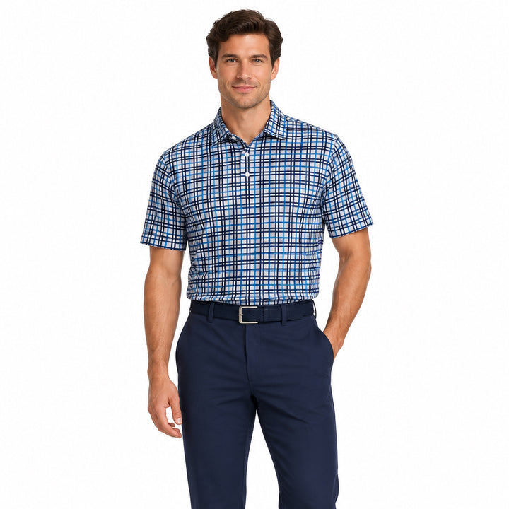 Collars & Co. Men's Polo Performance Fabric Semi-Spread Collar Grey/Navy/Blue Plaid Size L