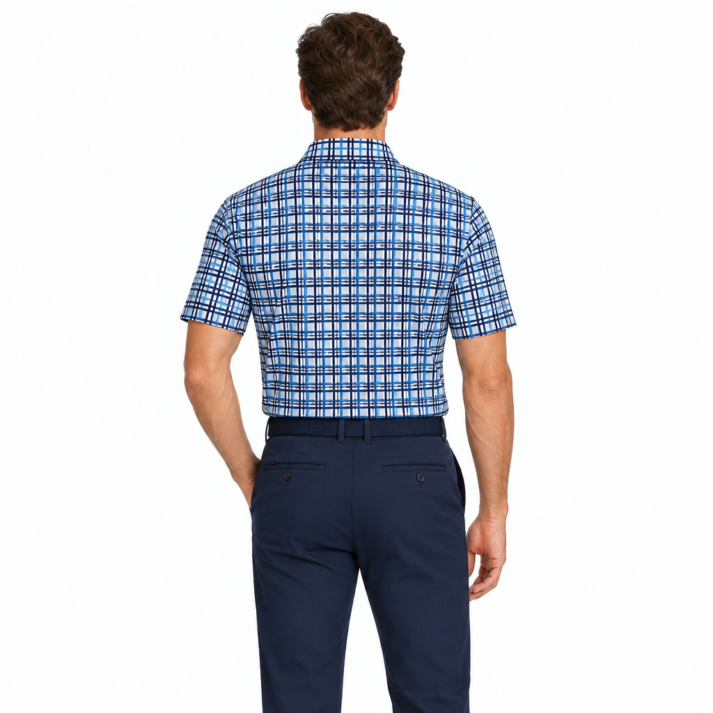 Collars & Co. Men's Polo Performance Fabric Semi-Spread Collar Grey/Navy/Blue Plaid Size L