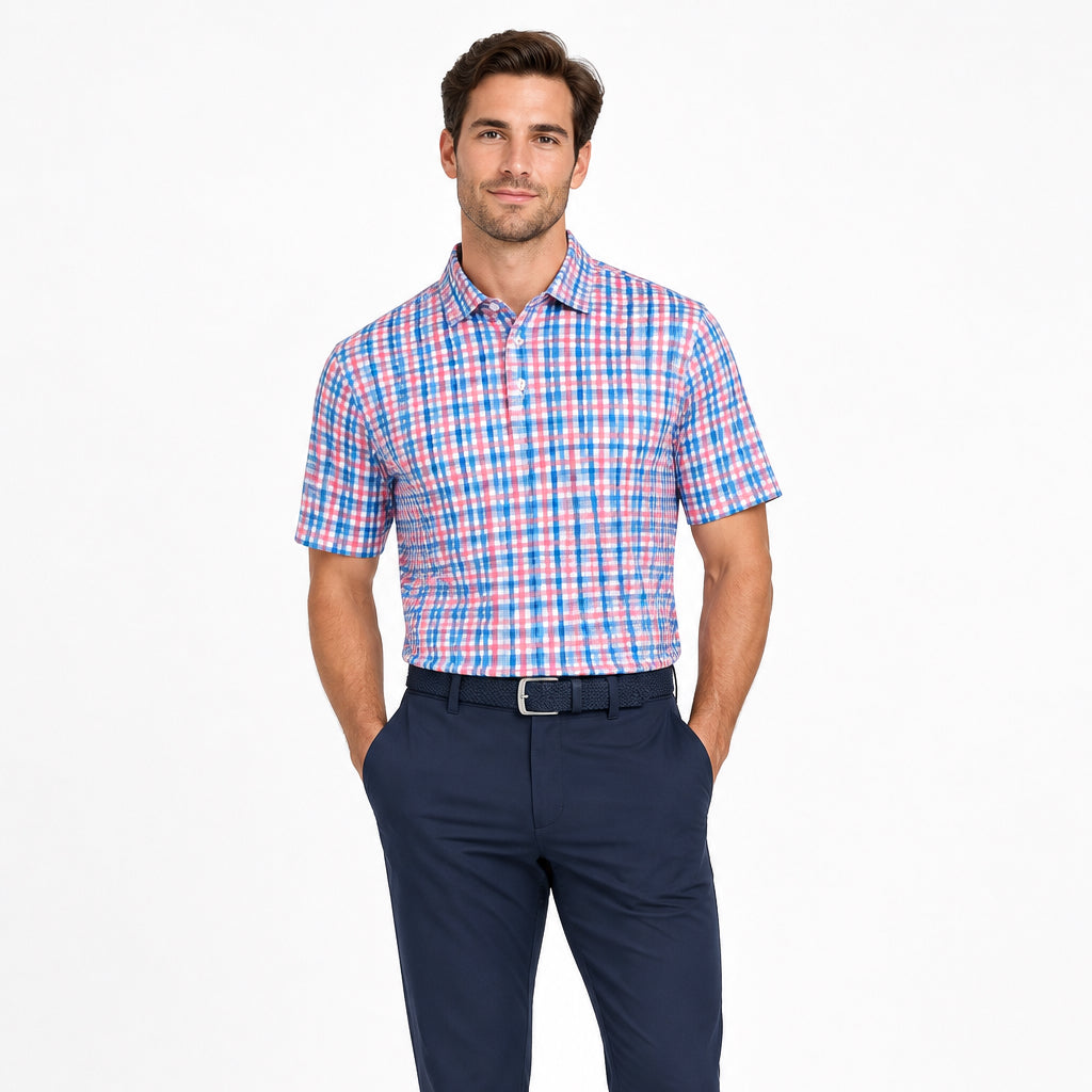 Collars & Co. Men's Polo Performance Fabric Semi-Spread Collar Pink/Blue Plaid Size L