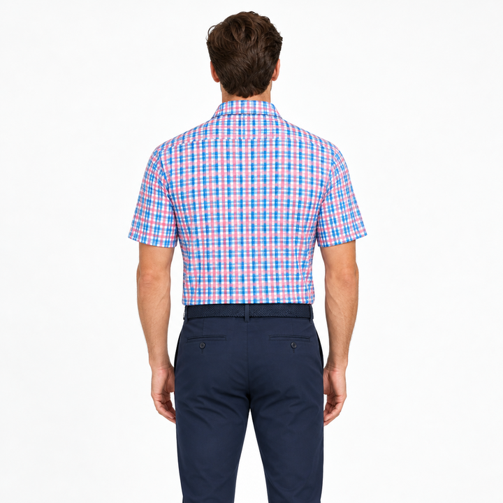 Collars & Co. Men's Polo Performance Fabric Semi-Spread Collar Pink/Blue Plaid Size L