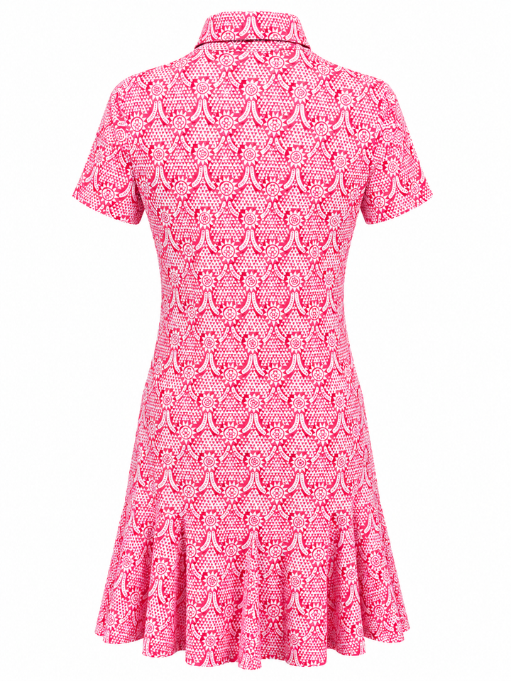 IBKUL Short Sleeve Godet Dress - Watermelon/White