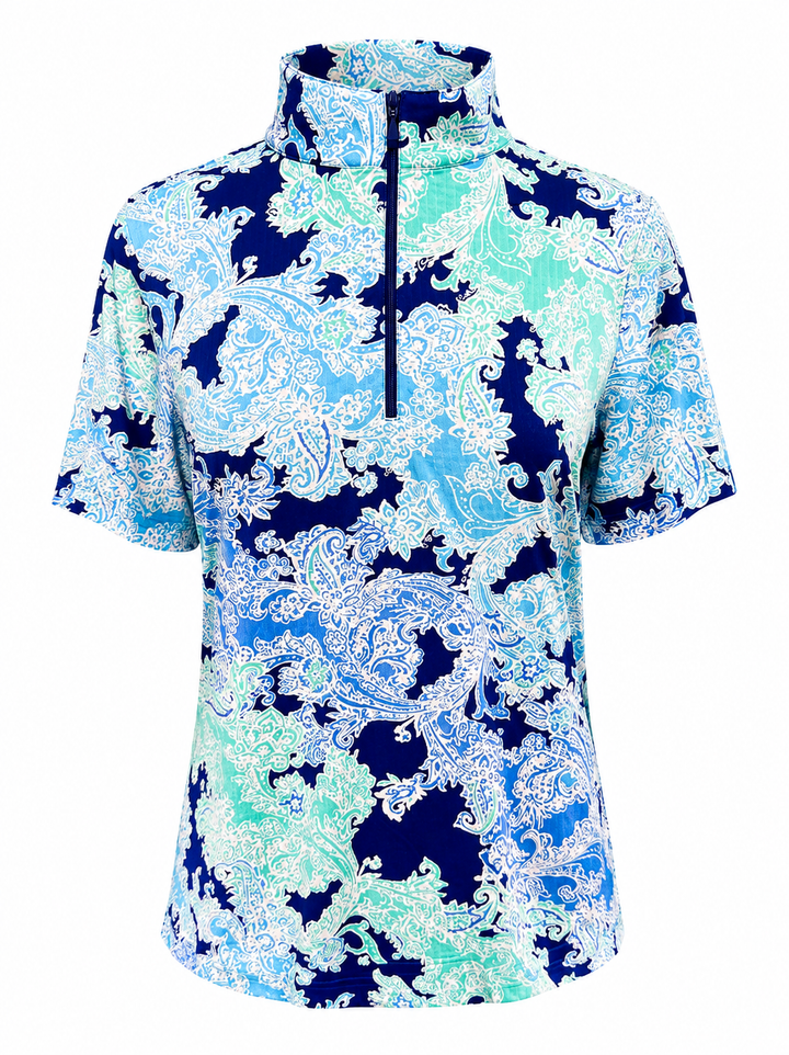 IBKUL Pascha Short Sleeve Zip Mock - Navy/Seafoam