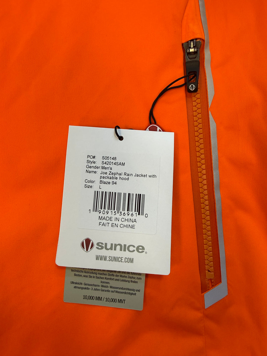 Sunice Joe Zephal Elite Waterproof Performance Rain Jacket - Blaze- Large