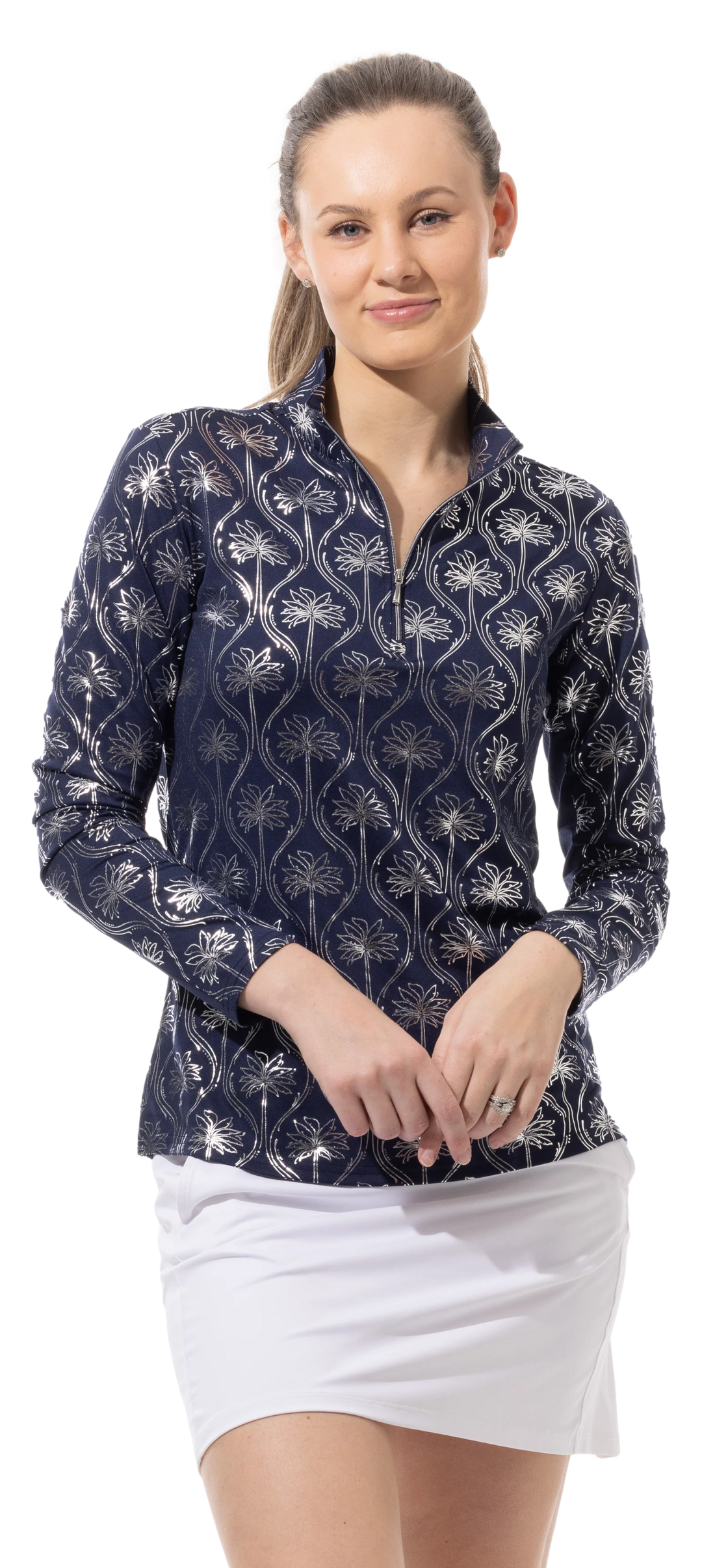 SanSoleil SolShine Foil Print Mock Top - Mirage Ink Silver - Skorzie