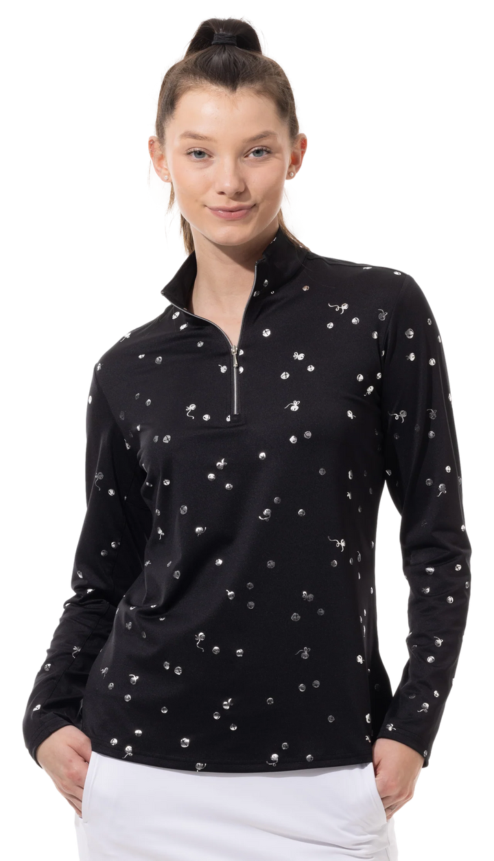 SanSoleil SolShine Foil Print Mock Top - Sleigh Bells Black Silver - Skorzie