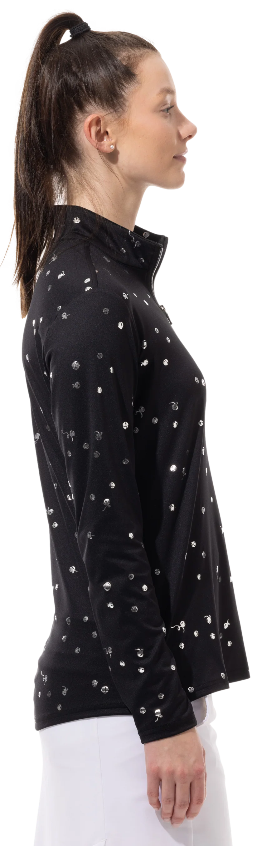 SanSoleil SolShine Foil Print Mock Top - Sleigh Bells Black Silver - Skorzie