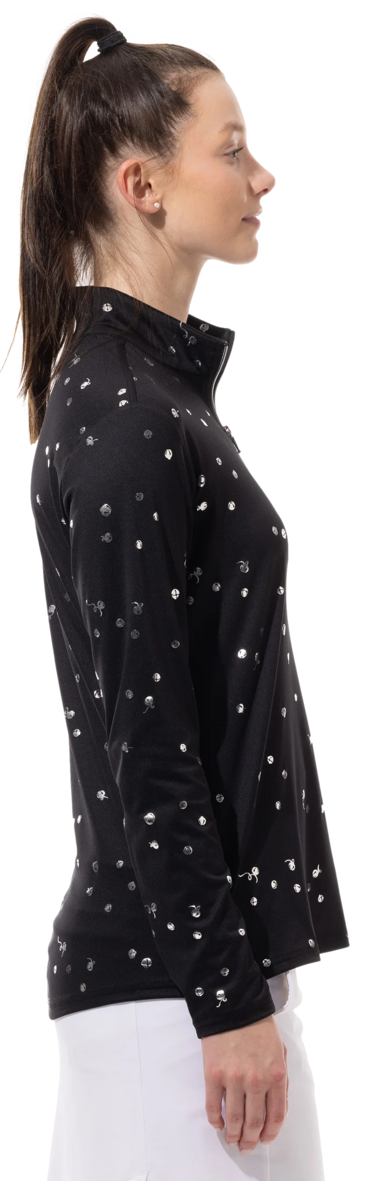 SanSoleil SolShine Foil Print Mock Top - Sleigh Bells Black Silver - Skorzie