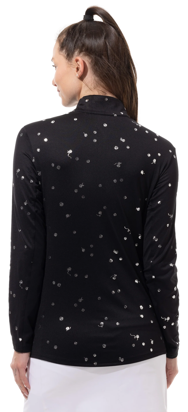 SanSoleil SolShine Foil Print Mock Top - Sleigh Bells Black Silver - Skorzie