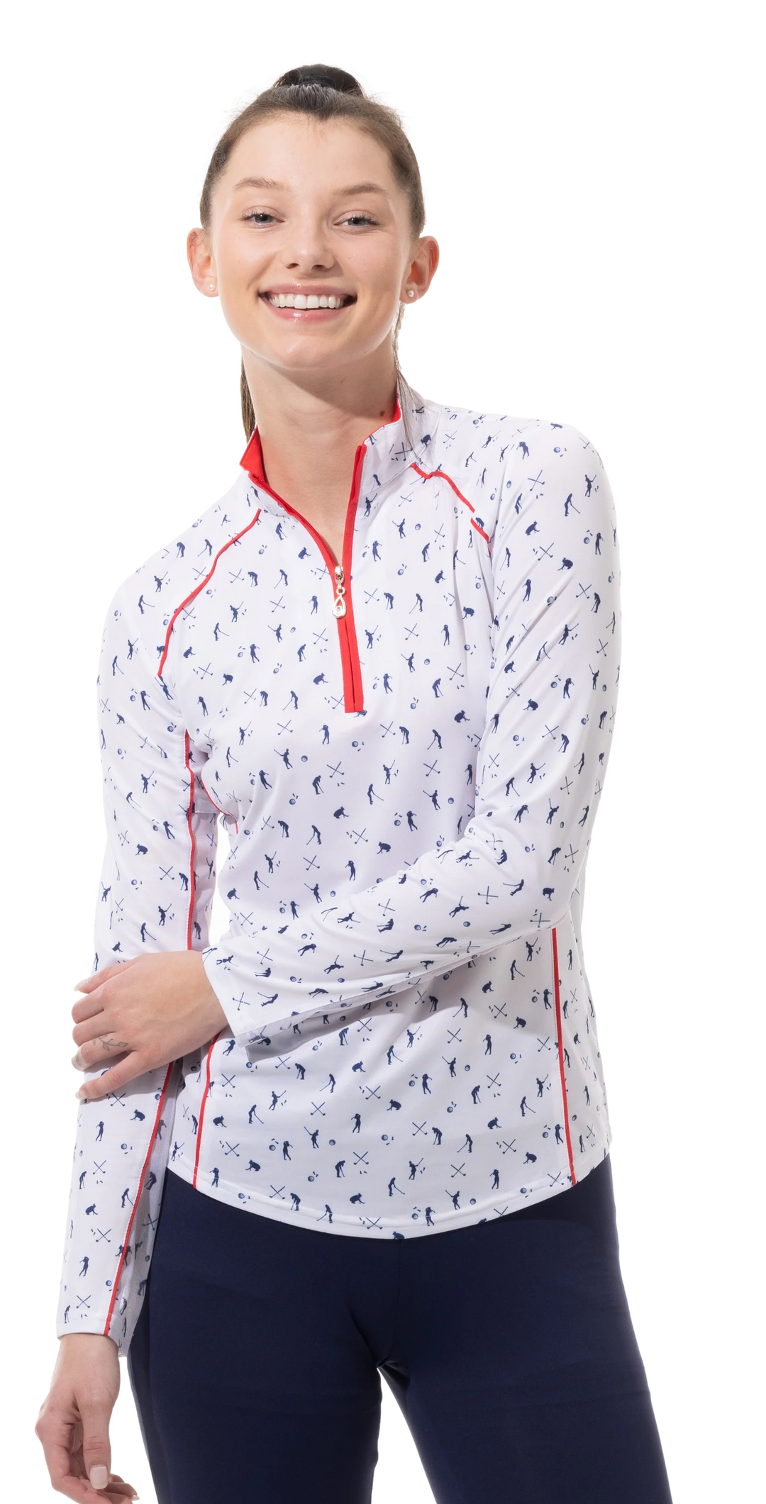 SanSoleil Sunglow Print Piping Mock Top - A Putt Above Navy - Skorzie