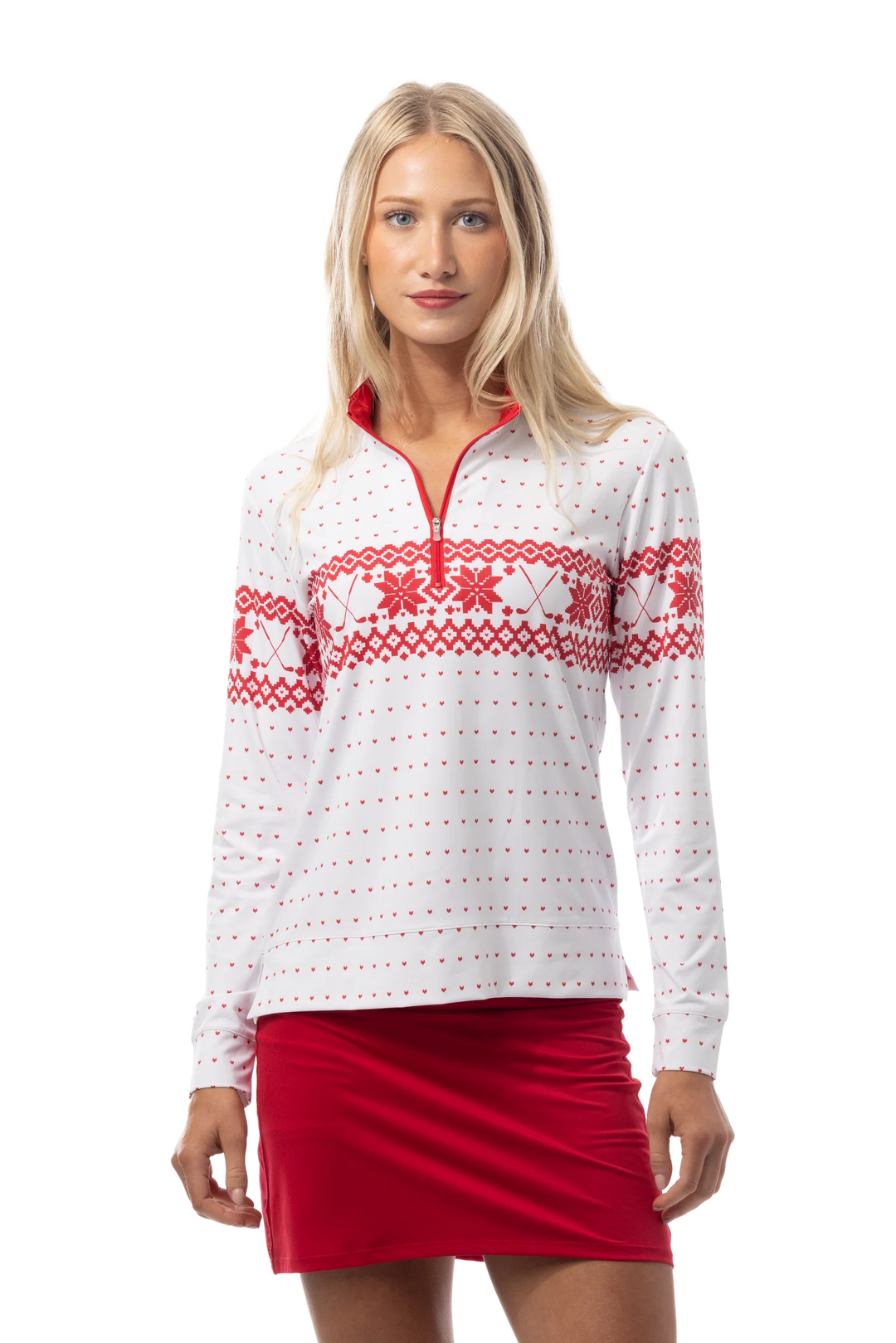 SanSoleil Quarter Zip Mock Top - Fair Isle Red - Skorzie
