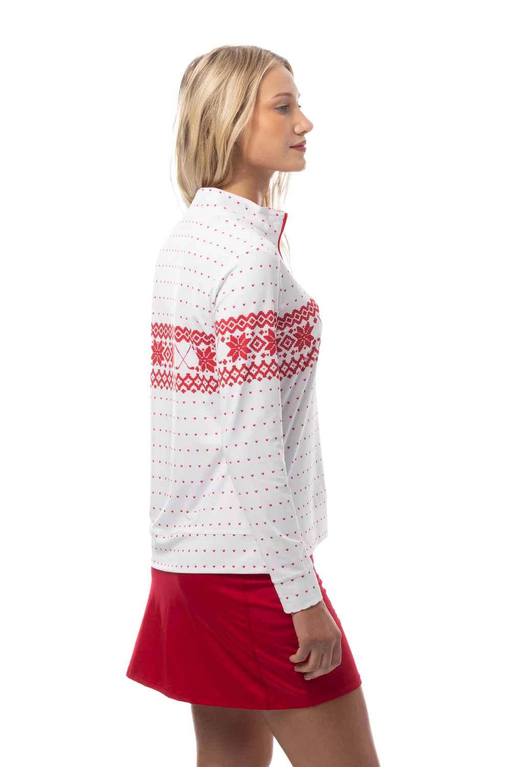 SanSoleil Quarter Zip Mock Top - Fair Isle Red - Skorzie
