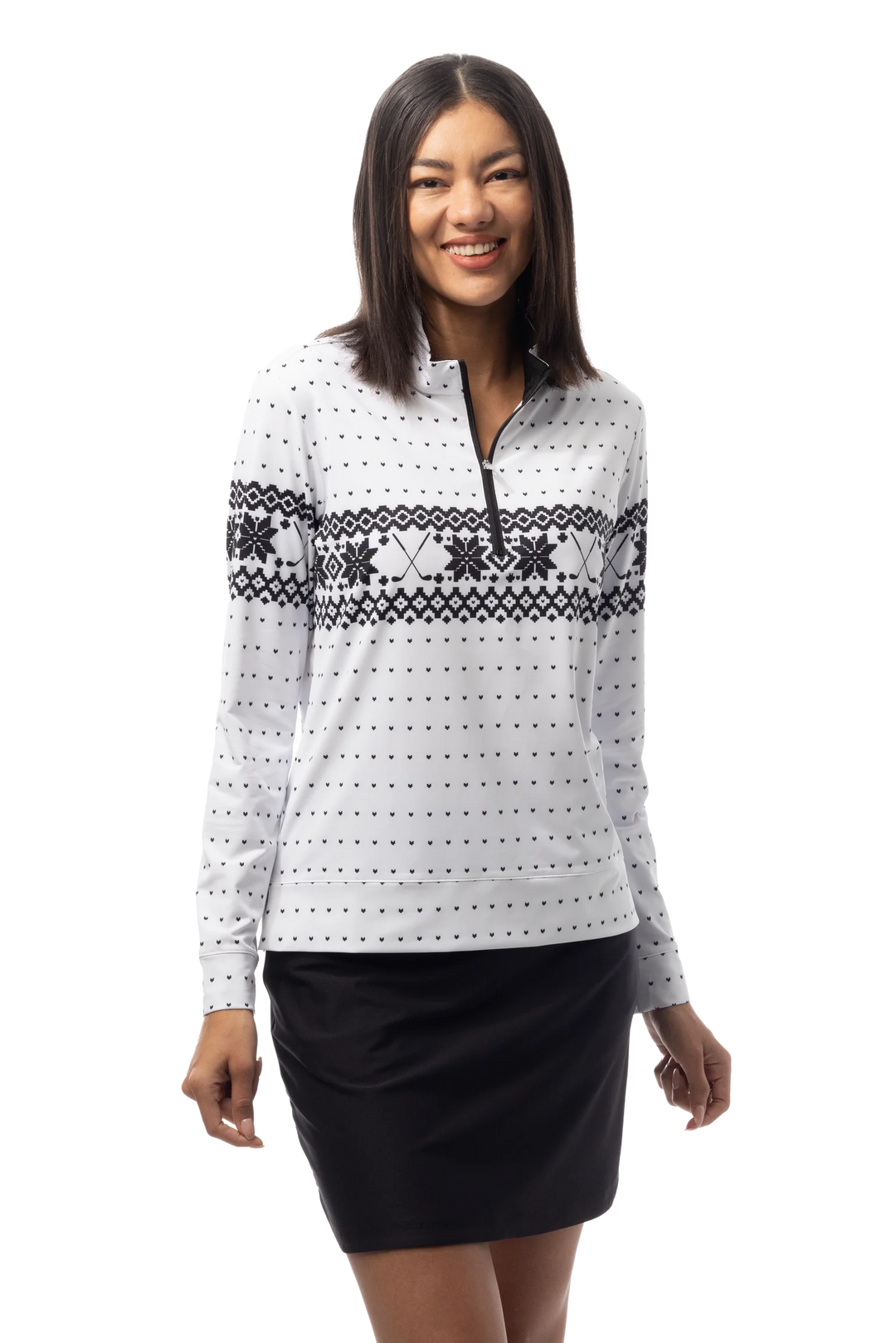 SanSoleil Quarter Zip Mock Top - Fair Isle Black - Skorzie