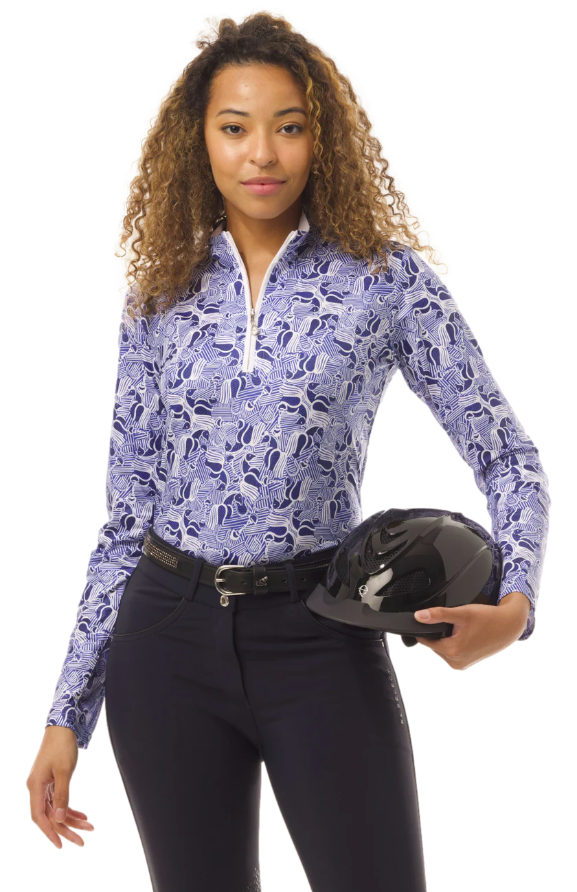 SanSoleil SolCool Print Mock Top - Horsin Around Blue - Skorzie