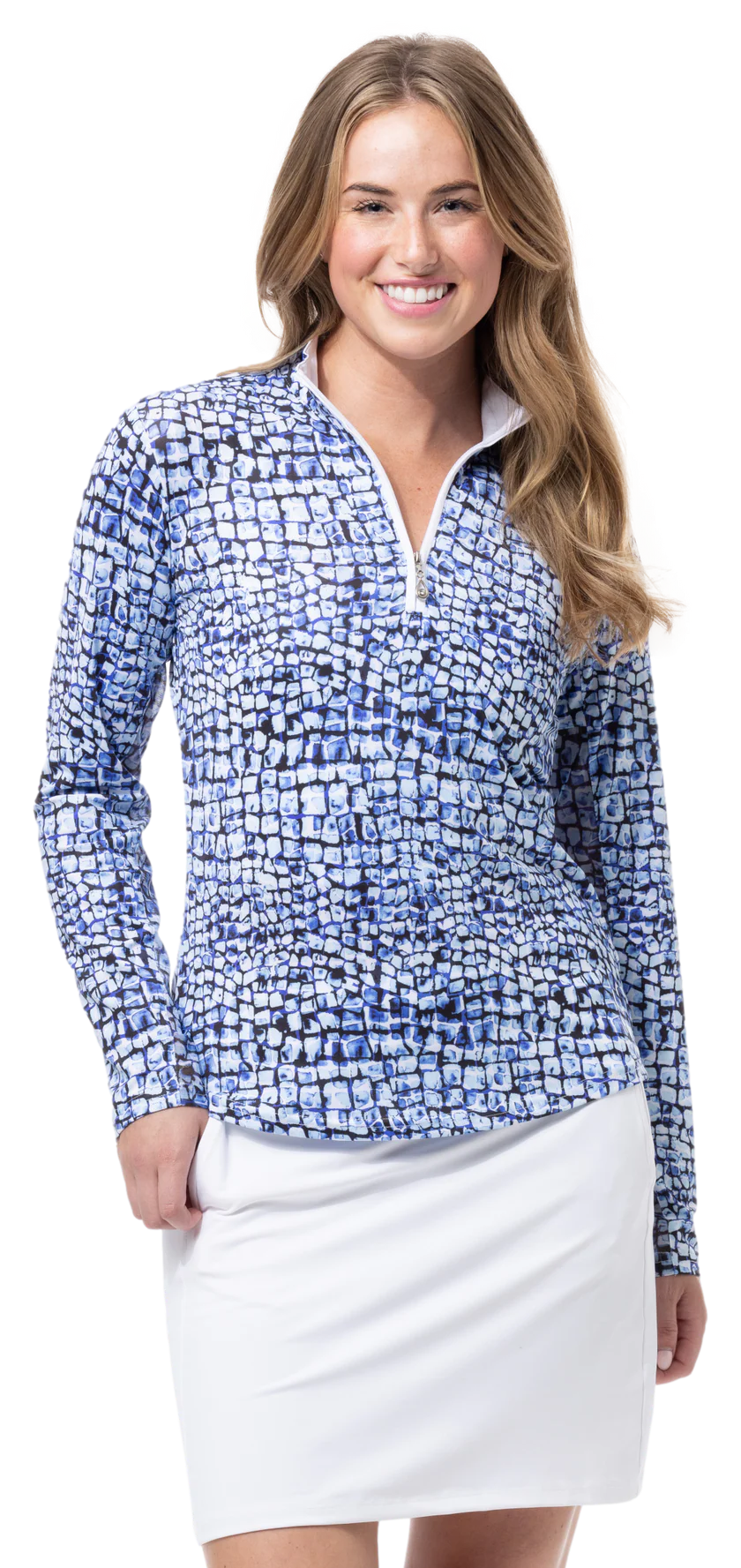 SanSoleil SolCool Print Mock Top - Cubicle Blue - Skorzie