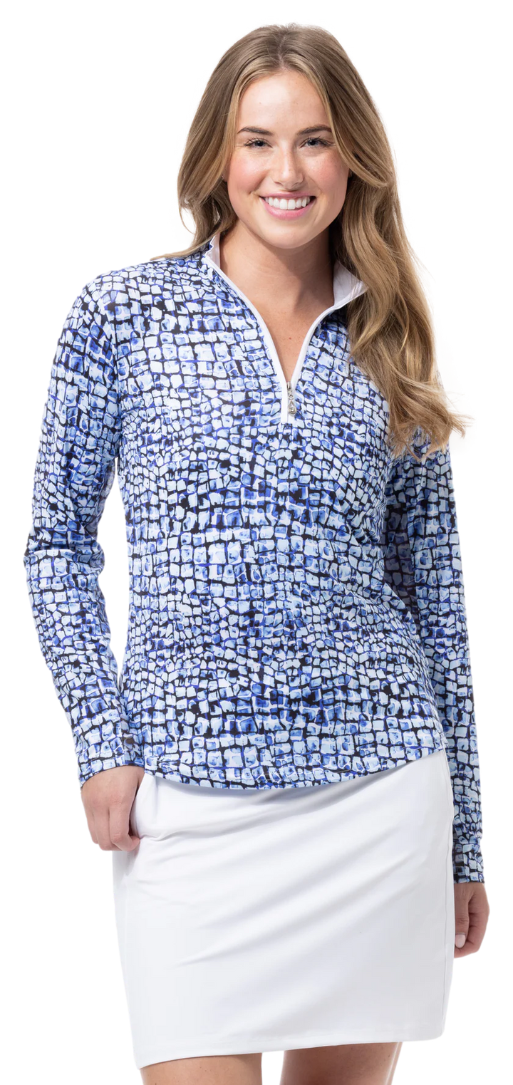 SanSoleil SolCool Print Mock Top - Cubicle Blue - Skorzie