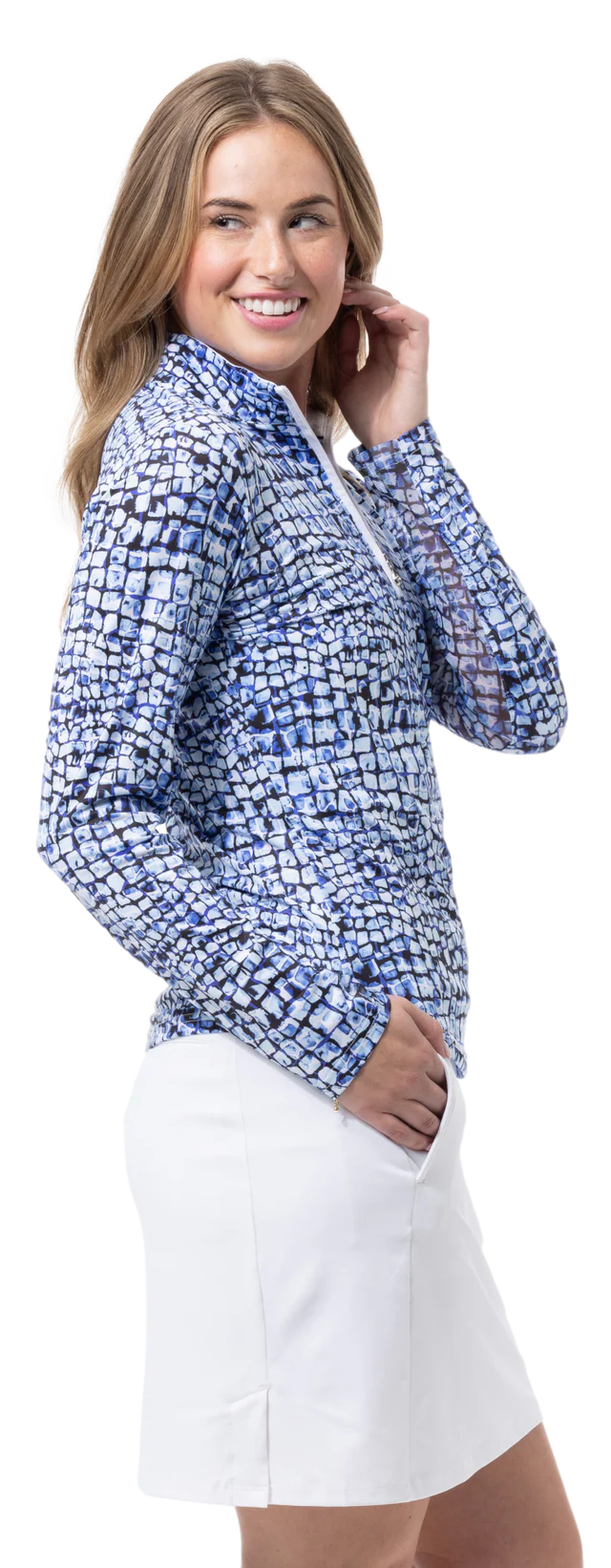 SanSoleil SolCool Print Mock Top - Cubicle Blue - Skorzie