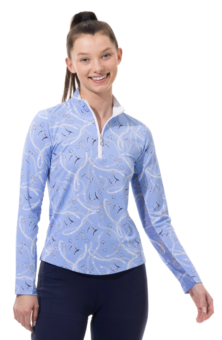 SanSoleil SolTek Lux Long Sleeve Print Mock Top - Free Rein Blue - Skorzie