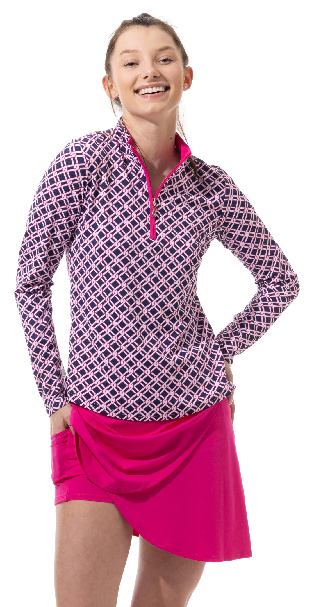 SanSoleil SolTek Lux Print Mock Top - Pinnacle Navy/Fuchsia - Skorzie