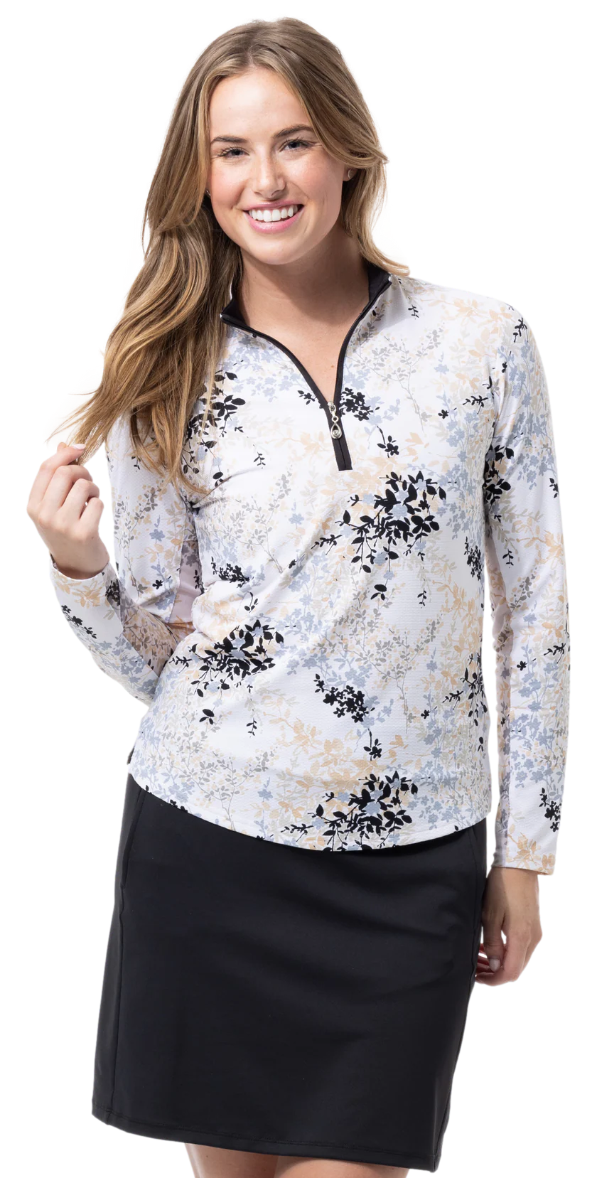 SanSoleil SolTek Lux Long Sleeve Print Mock Top - Willow Black - Skorzie