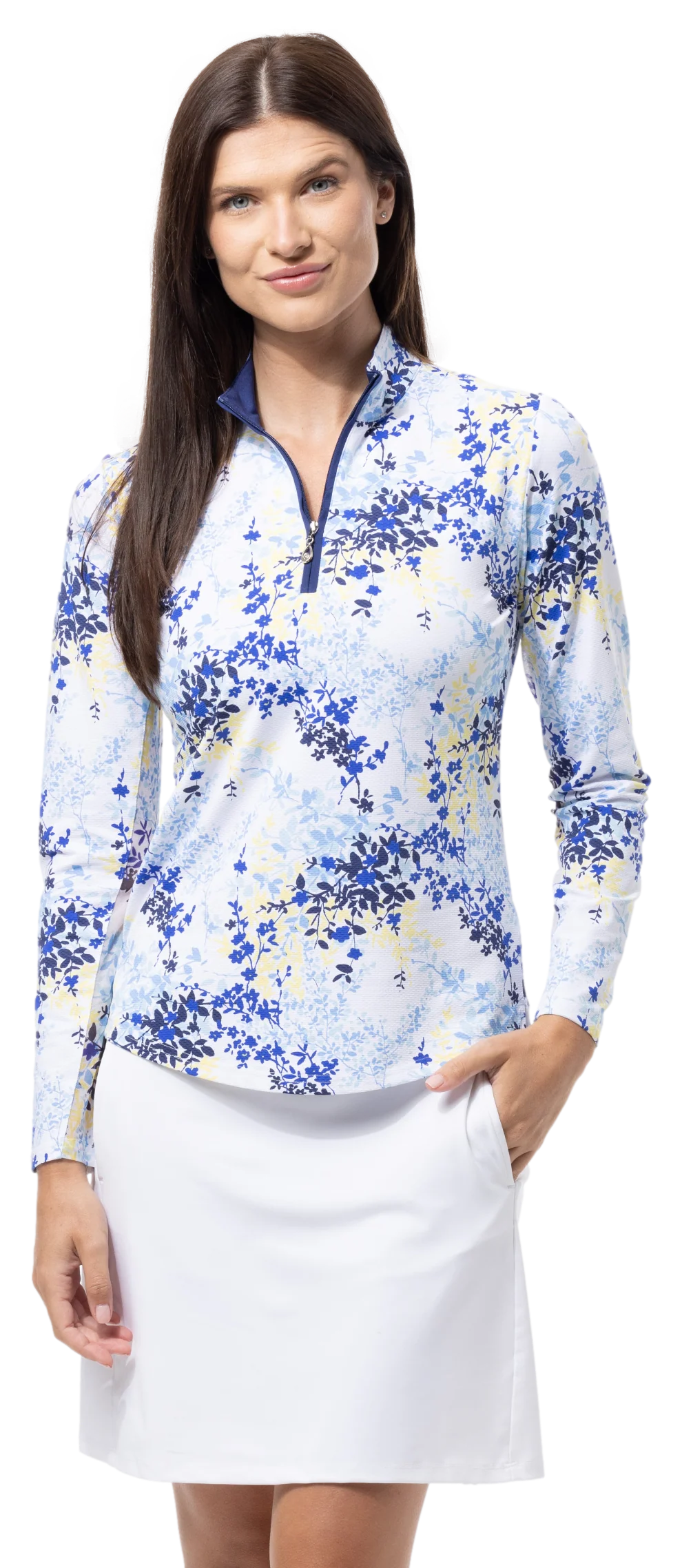 SanSoleil SolTek Lux Long Sleeve Print Mock Top - Willow Navy - Skorzie