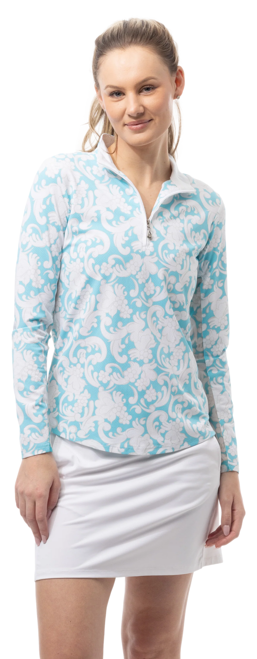 SanSoleil Soltek Lux Long Sleeve Print Mock - Paisley Park Turquoise - Skorzie