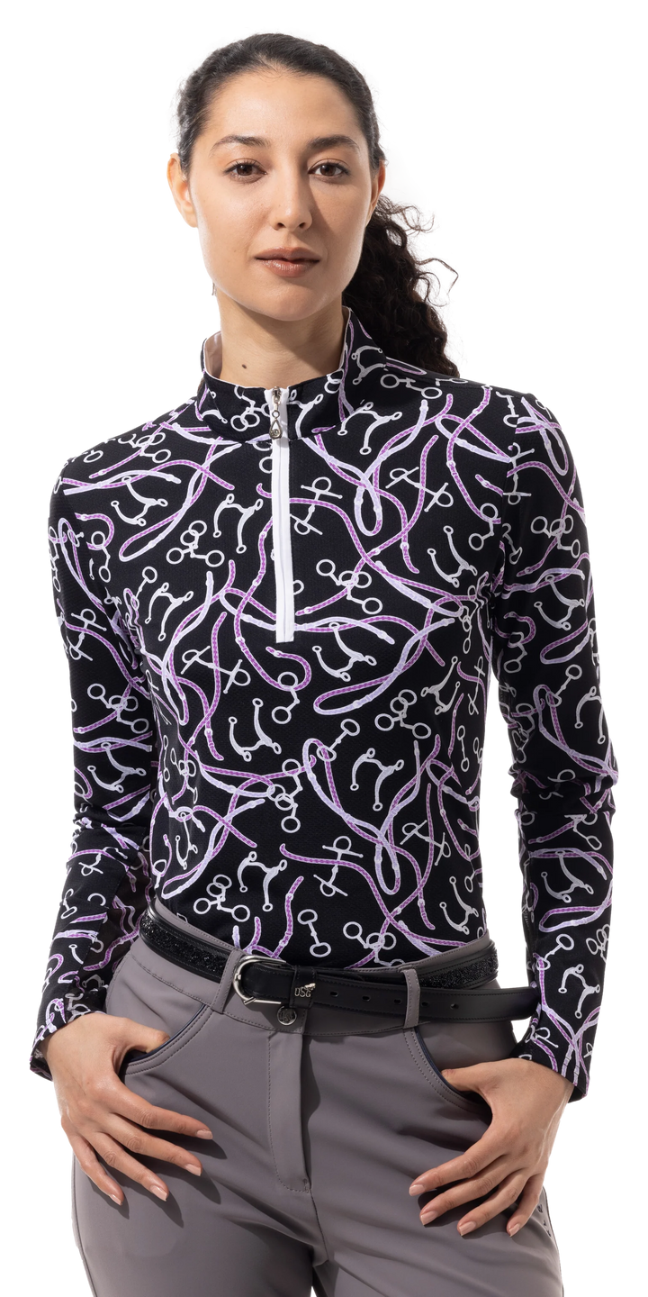 SanSoleil SolTek Lux Long Sleeve Print Mock Top - Free Rein Black - Skorzie