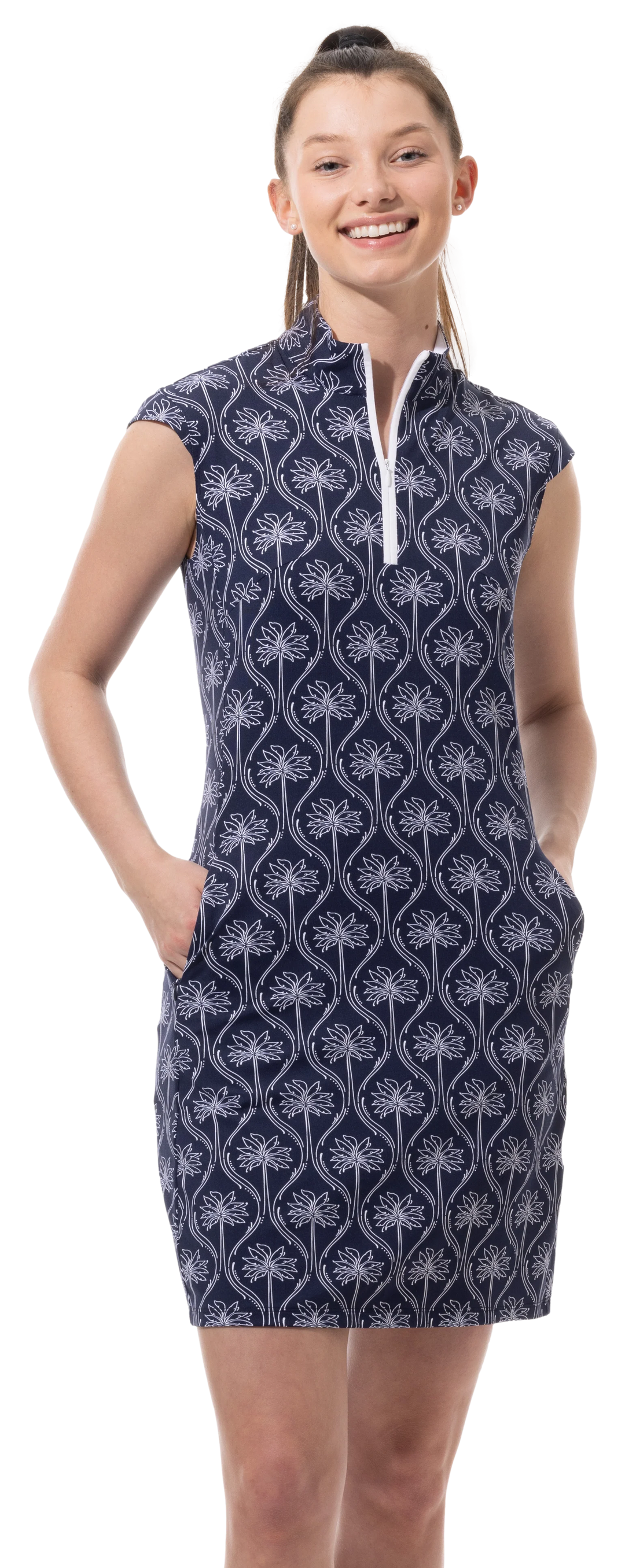 SanSoleil SolStyle Ice Sleeveless Zip Mock Dress - Mirage Ink/White - Skorzie