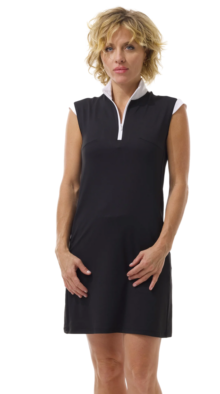 SanSoleil SolStyle Cool Sleeveless Zip Mock Dress - Black/White - Skorzie
