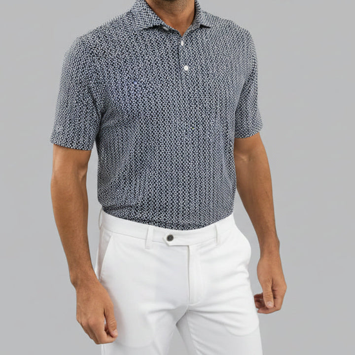 IBKUL Mens Cubes Short Sleeve Button Polo - White/Classic Navy