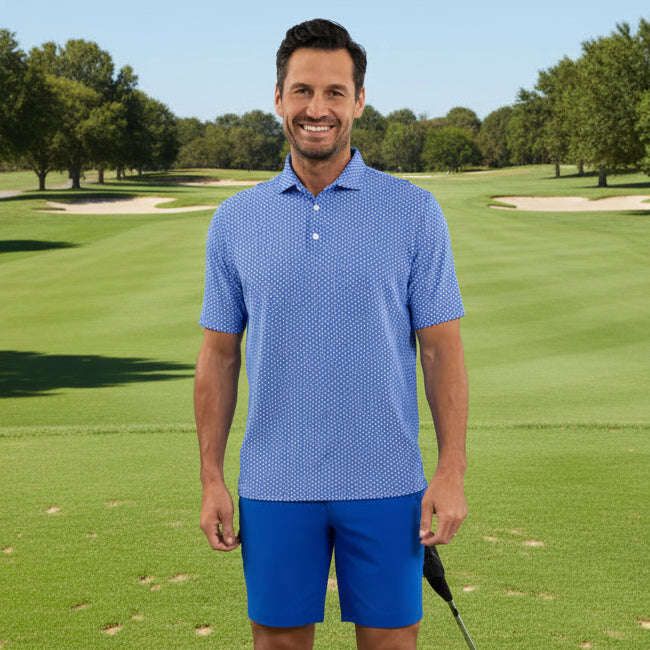 IBKUL Mens Cubes Short Sleeve Button Polo - White/Royal