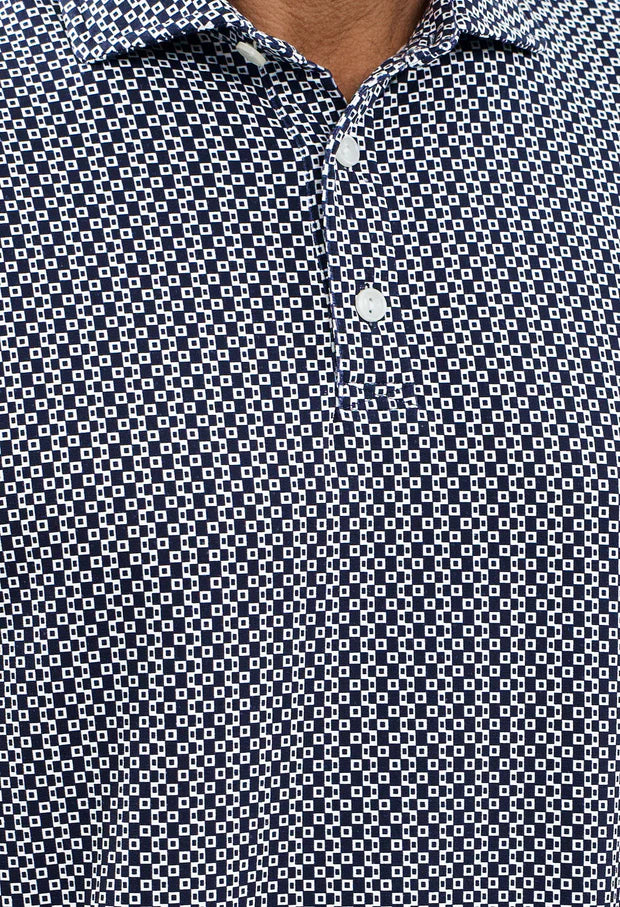 IBKUL Mens Cubes Short Sleeve Button Polo - White/Classic Navy
