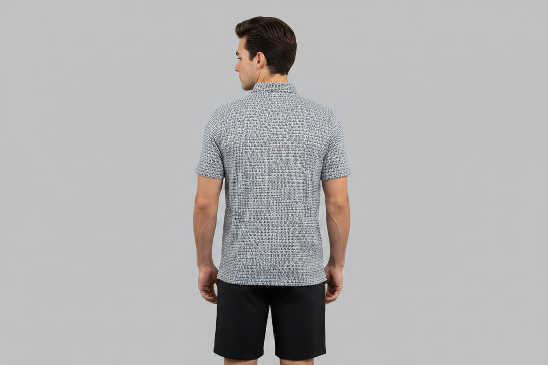 IBKUL Mens Harvey Hatched Short Sleeve Button Polo - Platinum/White/Black