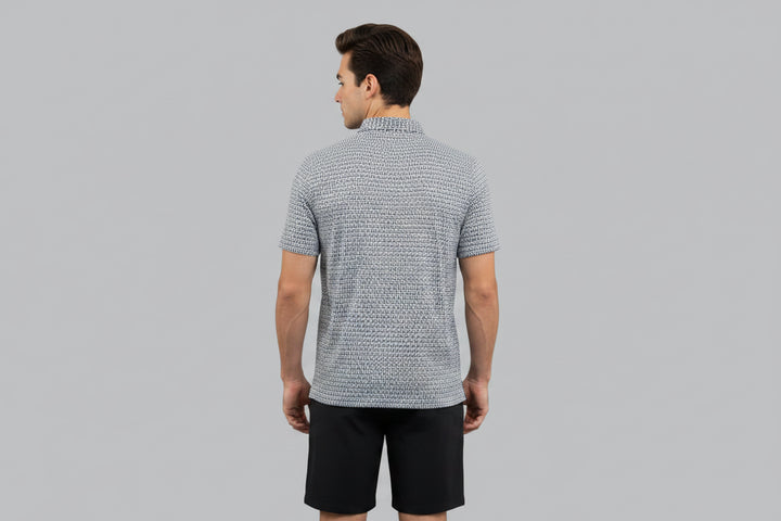 IBKUL Mens Harvey Hatched Short Sleeve Button Polo - Platinum/White/Black