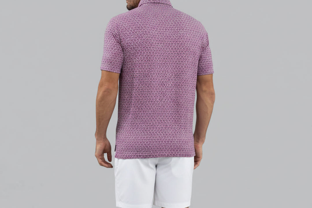 IBKUL Mens Harvey Hatched Short Sleeve Button Polo - White/Rose/Navy