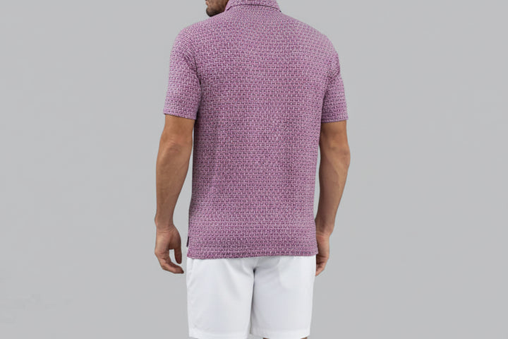 IBKUL Mens Harvey Hatched Short Sleeve Button Polo - White/Rose/Navy