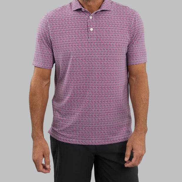 IBKUL Mens Harvey Hatched Short Sleeve Button Polo - White/Rose/Navy