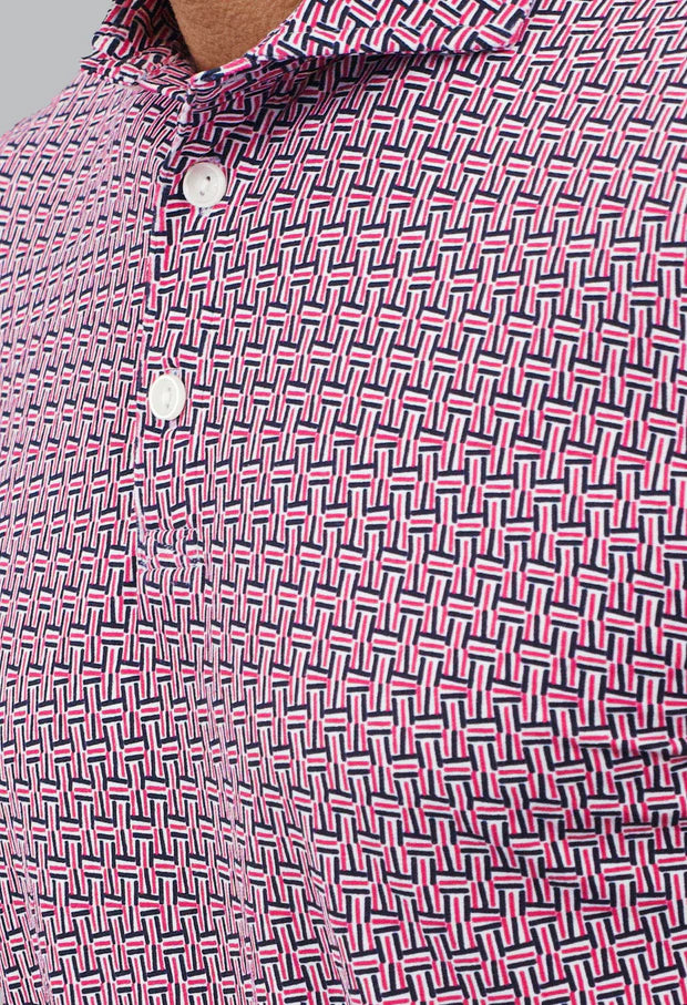 IBKUL Mens Harvey Hatched Short Sleeve Button Polo - White/Rose/Navy