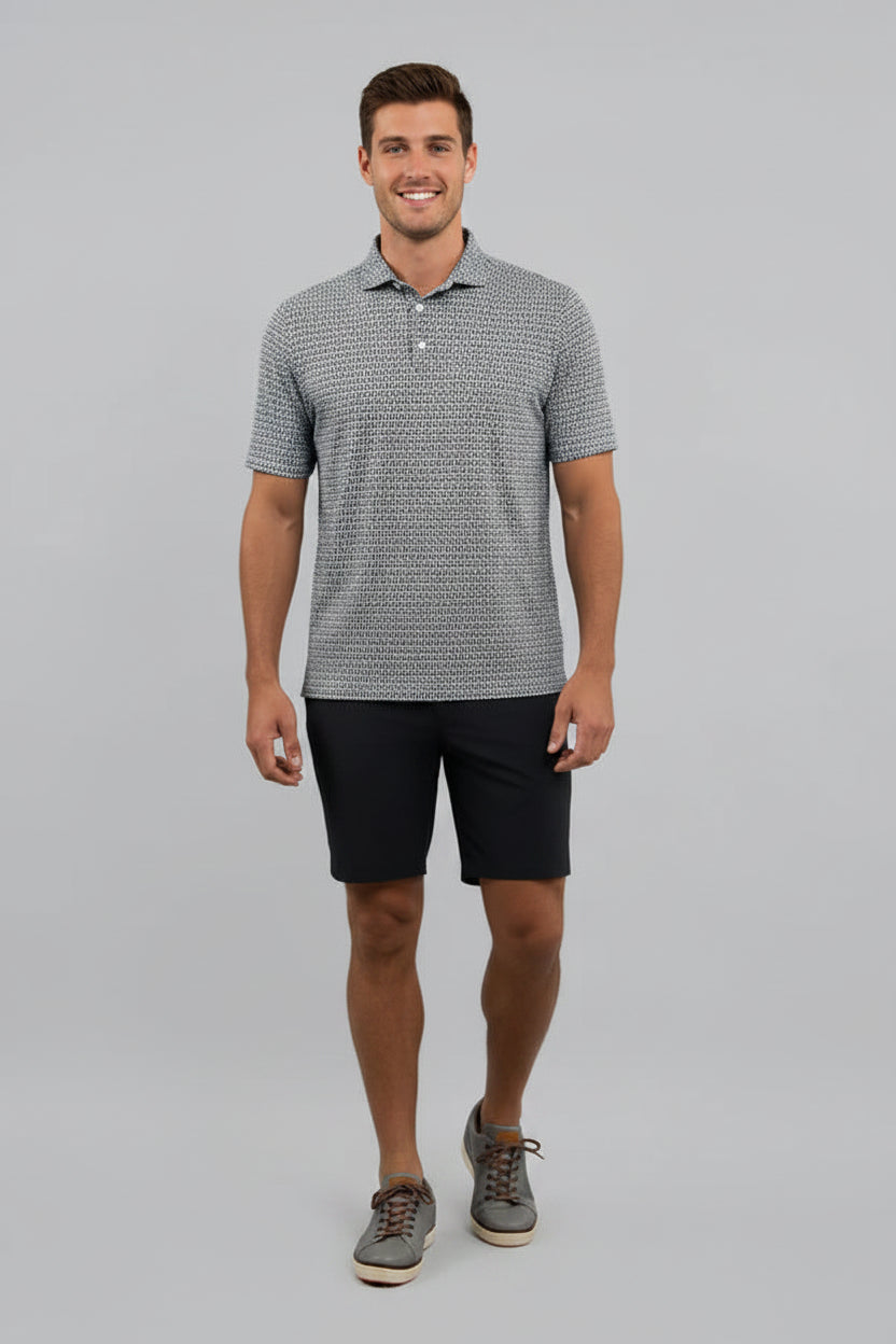 IBKUL Mens Harvey Hatched Short Sleeve Button Polo - Platinum/White/Black