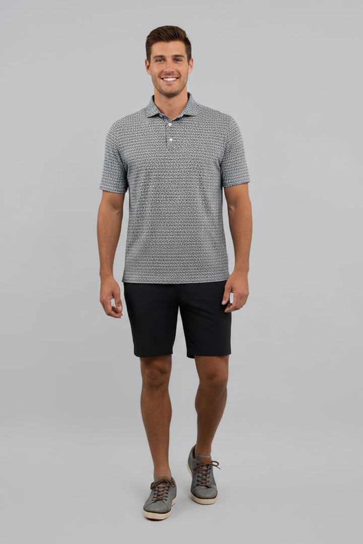 IBKUL Mens Harvey Hatched Short Sleeve Button Polo - Platinum/White/Black