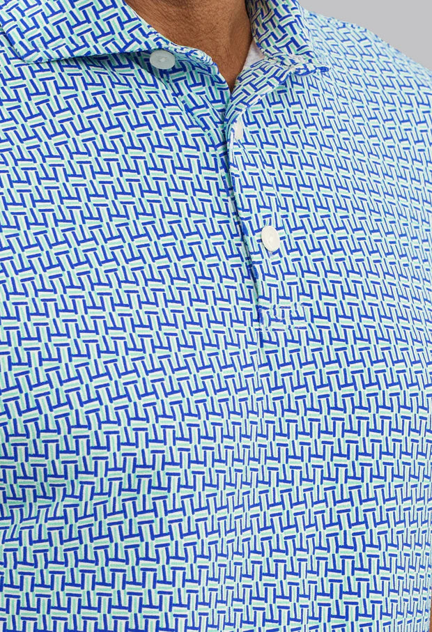 IBKUL Mens Harvey Hatched Short Sleeve Button Polo - Pool Party/White/Royal